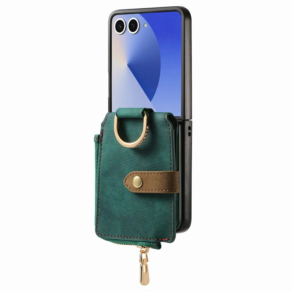 For Samsung Galaxy Z Flip8 Case Zipper Pocket Card Holder Retro Texture Leather Back Cover - Green - 2