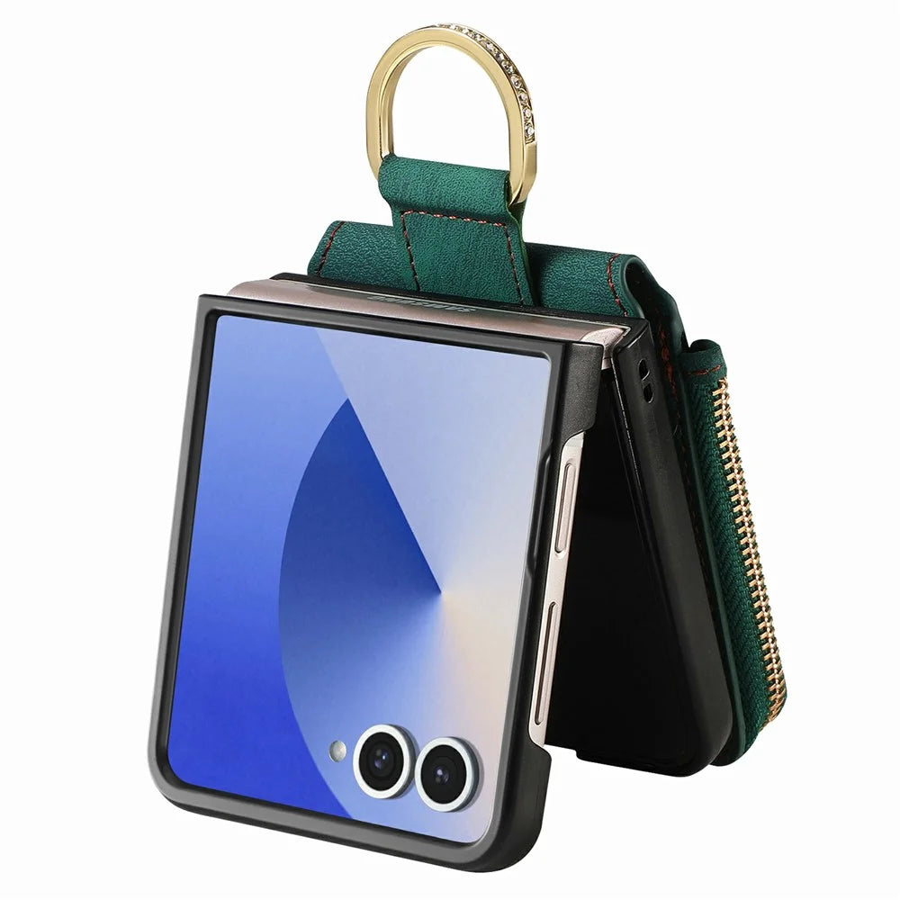 For Samsung Galaxy Z Flip8 Case Zipper Pocket Card Holder Retro Texture Leather Back Cover - Green - 3