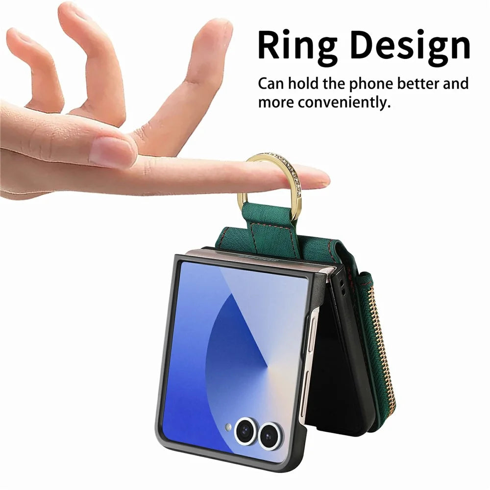 For Samsung Galaxy Z Flip8 Case Zipper Pocket Card Holder Retro Texture Leather Back Cover - Green - 4