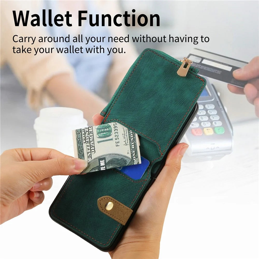 For Samsung Galaxy Z Flip8 Case Zipper Pocket Card Holder Retro Texture Leather Back Cover - Green - 5