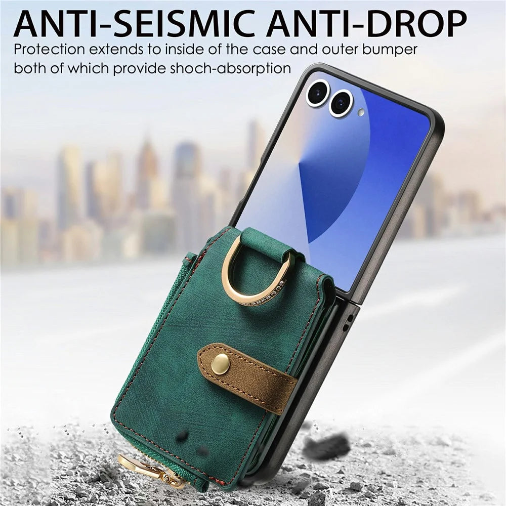 For Samsung Galaxy Z Flip8 Case Zipper Pocket Card Holder Retro Texture Leather Back Cover - Green - 6