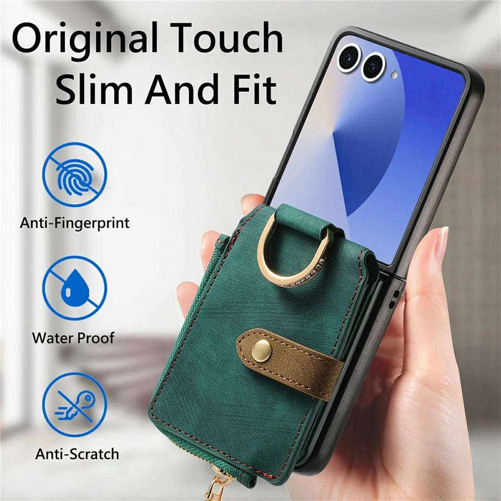 For Samsung Galaxy Z Flip8 Case Zipper Pocket Card Holder Retro Texture Leather Back Cover - Green - 7