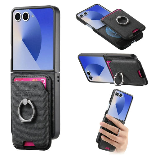 For Samsung Galaxy Z Flip8 Case Cloth Texture  Leather + PC + TPU Phone Cover with Detachable Magnetic Ring Kickstand Card Holder - Black - 1