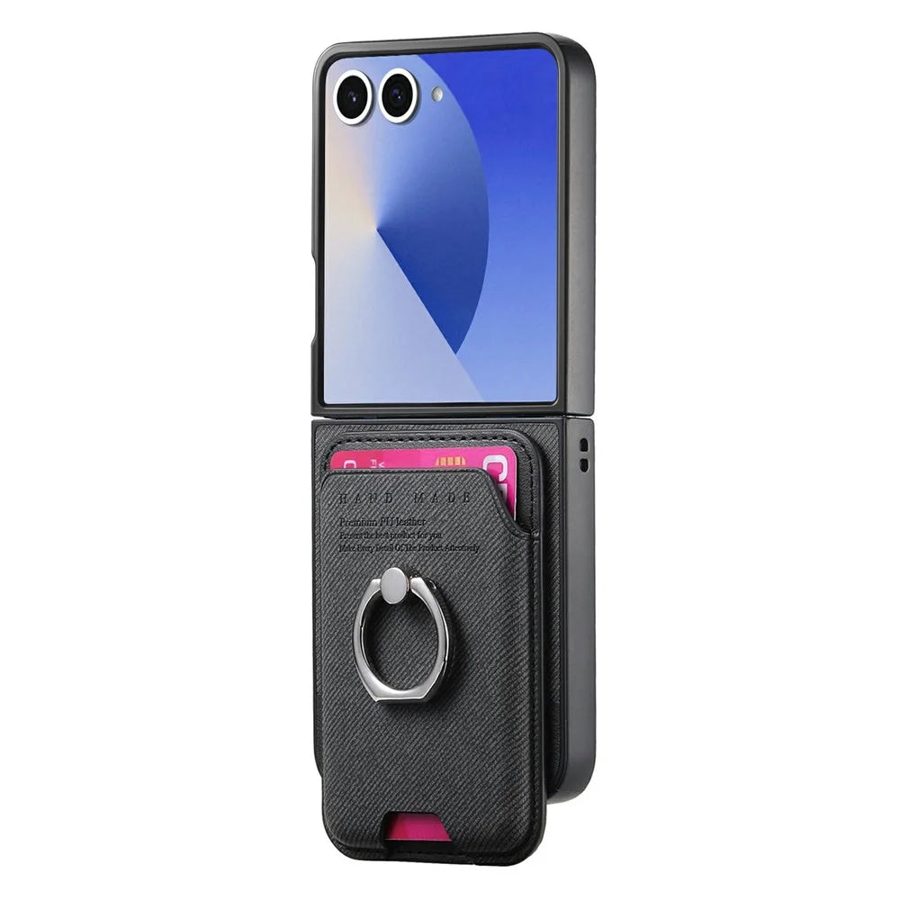 For Samsung Galaxy Z Flip8 Case Cloth Texture  Leather + PC + TPU Phone Cover with Detachable Magnetic Ring Kickstand Card Holder - Black - 2