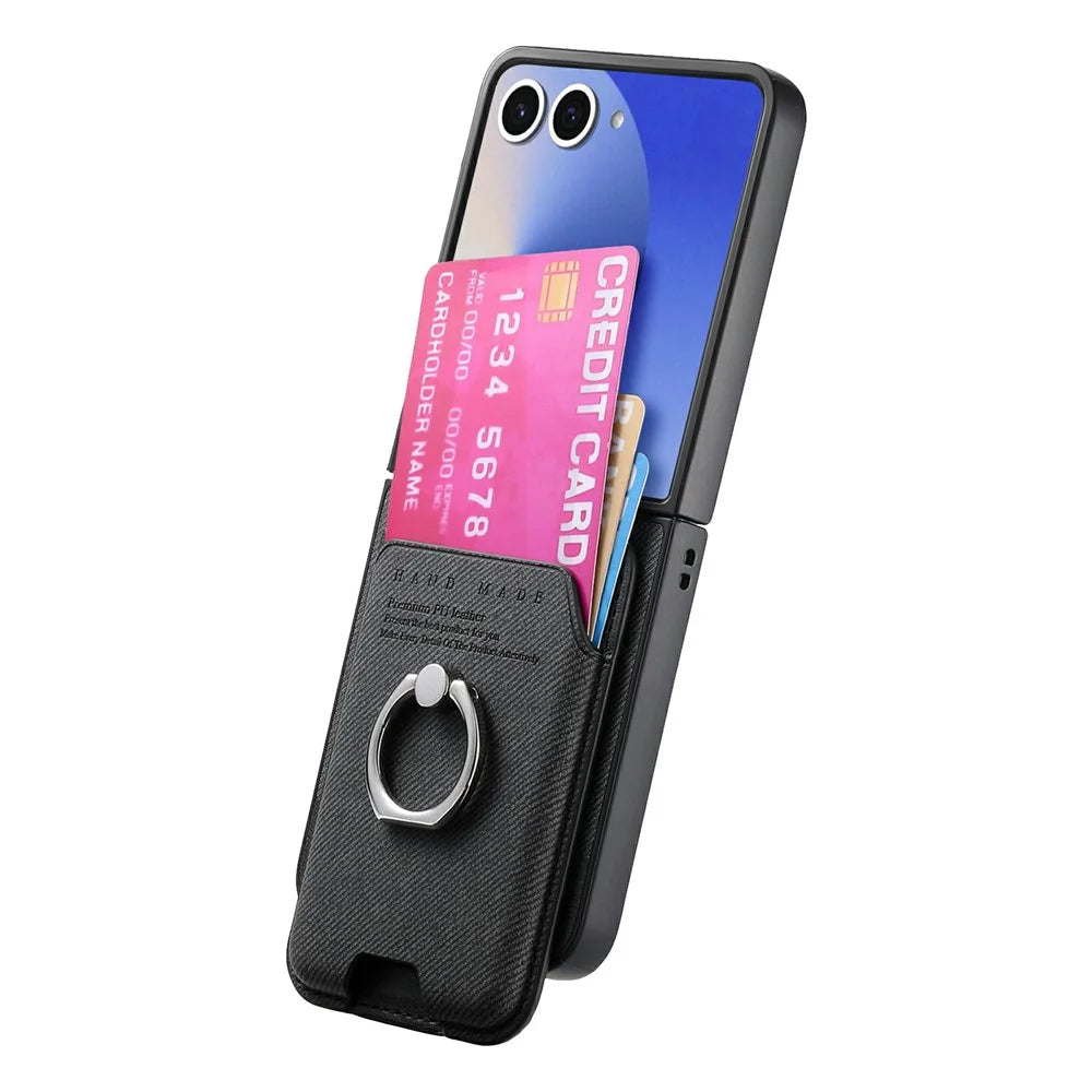 For Samsung Galaxy Z Flip8 Case Cloth Texture  Leather + PC + TPU Phone Cover with Detachable Magnetic Ring Kickstand Card Holder - Black - 3