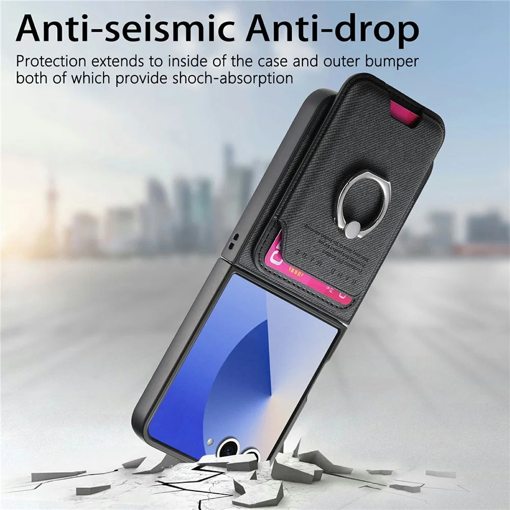 For Samsung Galaxy Z Flip8 Case Cloth Texture  Leather + PC + TPU Phone Cover with Detachable Magnetic Ring Kickstand Card Holder - Black - 5