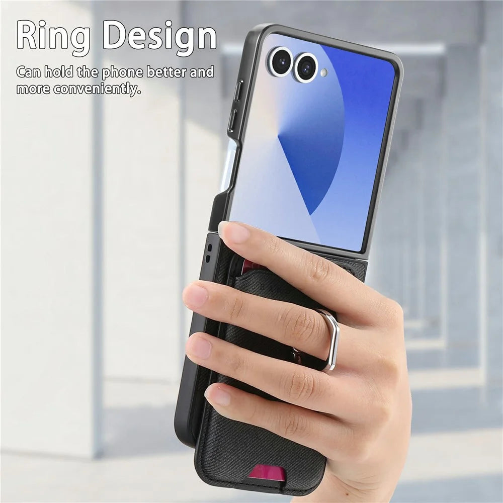 For Samsung Galaxy Z Flip8 Case Cloth Texture  Leather + PC + TPU Phone Cover with Detachable Magnetic Ring Kickstand Card Holder - Black - 6