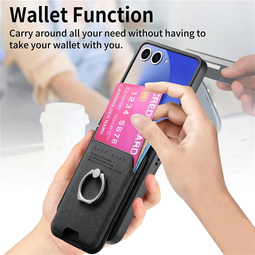For Samsung Galaxy Z Flip8 Case Cloth Texture  Leather + PC + TPU Phone Cover with Detachable Magnetic Ring Kickstand Card Holder - Black - 7