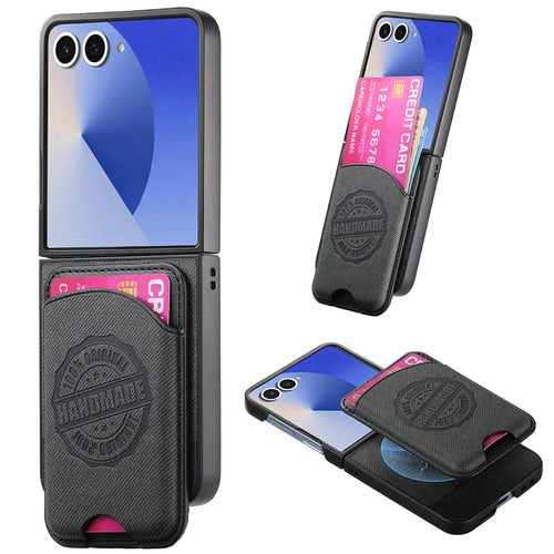 For Samsung Galaxy Z Flip8 Magnetic Case with Card Bag Denim Texture Leather Back Cover - Black - 1