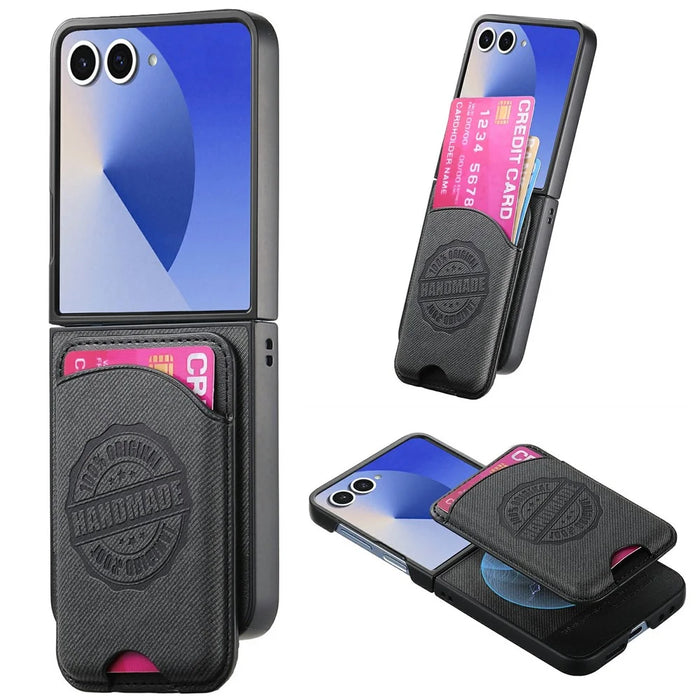 For Samsung Galaxy Z Flip8 Magnetic Case with Card Bag Denim Texture Leather Back Cover - Black - 1