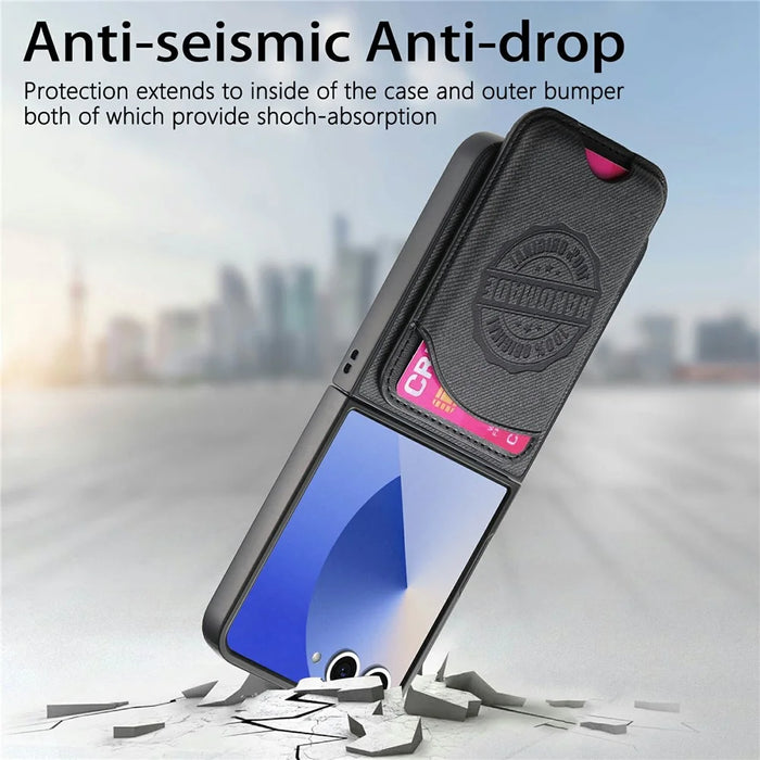 For Samsung Galaxy Z Flip8 Magnetic Case with Card Bag Denim Texture Leather Back Cover - Black - 5