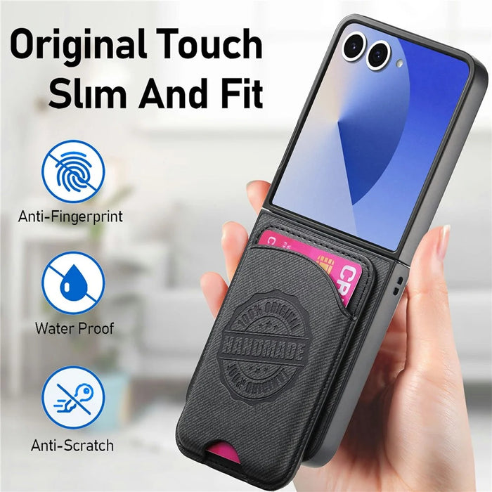 For Samsung Galaxy Z Flip8 Magnetic Case with Card Bag Denim Texture Leather Back Cover - Black - 7