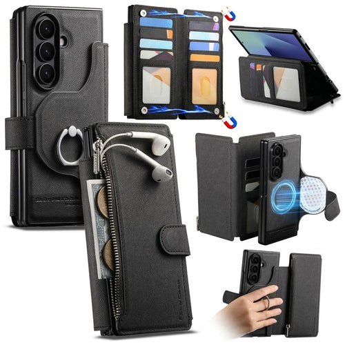 For Samsung Galaxy Z Fold8 Ultra Magnetic Case Detachable Wallet Stand Cloth Texture Leather + PC + TPU Phone Cover - Black - 1