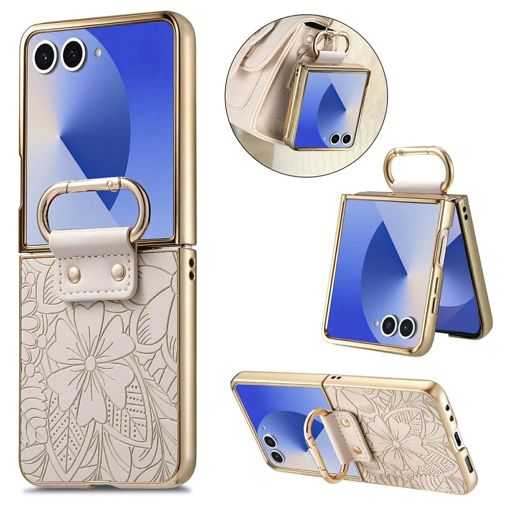 For Samsung Galaxy Z Flip8 Case PU Leather Flower and Leaf Pattern Foldable Phone Cover - Beige - 1