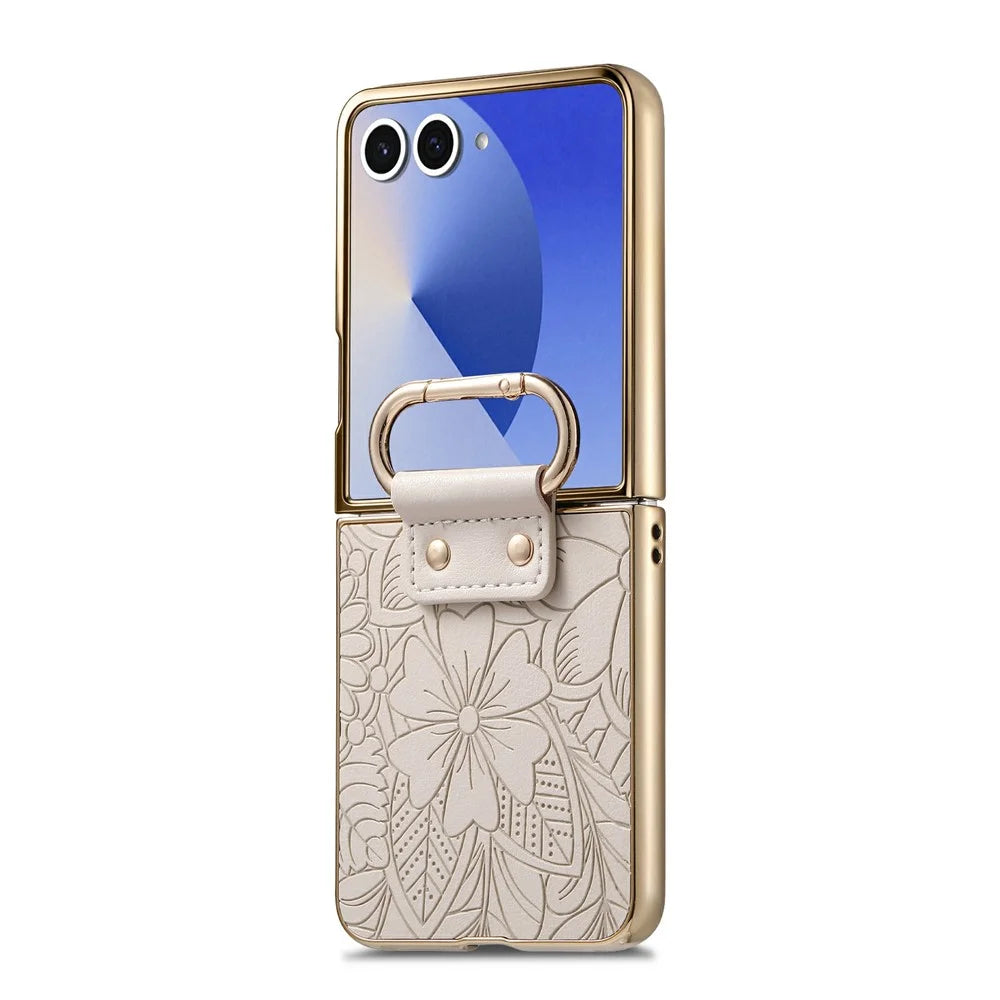 For Samsung Galaxy Z Flip8 Case PU Leather Flower and Leaf Pattern Foldable Phone Cover - Beige - 2