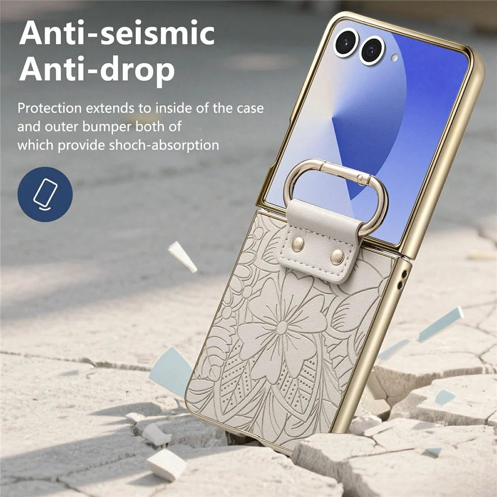 For Samsung Galaxy Z Flip8 Case PU Leather Flower and Leaf Pattern Foldable Phone Cover - Beige - 6