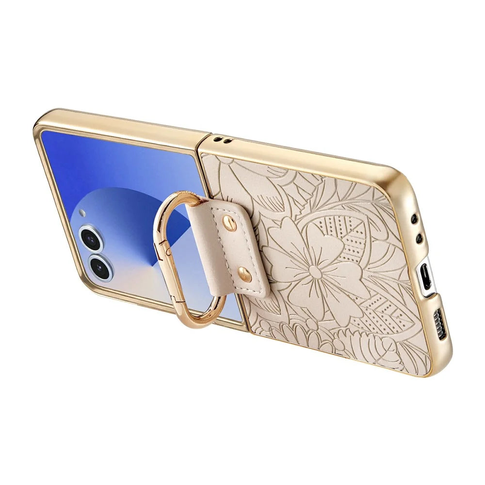 For Samsung Galaxy Z Flip7 5G Case PU Leather Flower and Leaf Pattern Foldable Phone Cover - Beige - 3