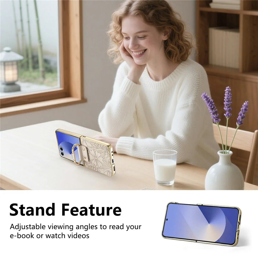 For Samsung Galaxy Z Flip7 5G Case PU Leather Flower and Leaf Pattern Foldable Phone Cover - Beige - 7