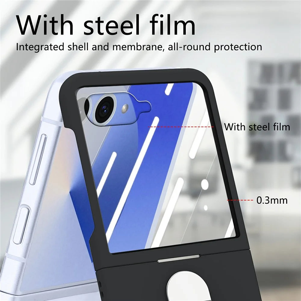 CASENEO for Samsung Galaxy Z Flip8 Case Ring Kickstand Skin-feel PC Phone Cover with Screen Protector - Black - 6