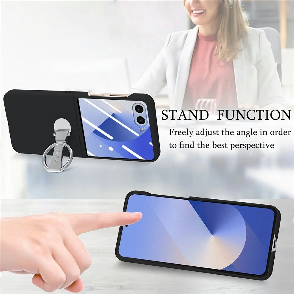 CASENEO for Samsung Galaxy Z Flip8 Case Ring Kickstand Skin-feel PC Phone Cover with Screen Protector - Black - 7