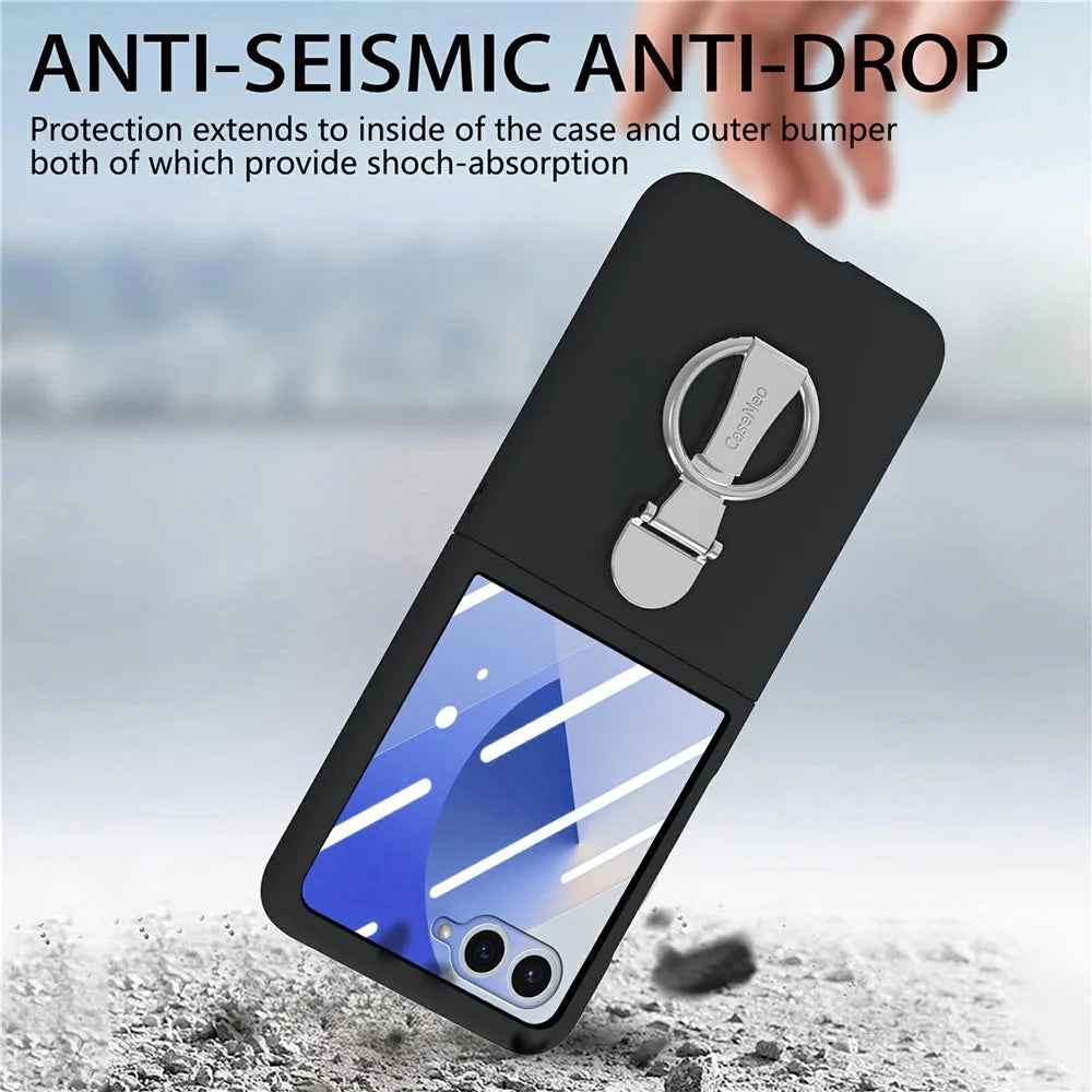 CASENEO for Samsung Galaxy Z Flip7 5G Case Ring Kickstand Skin-feel PC Phone Cover with Screen Protector - Black - 4