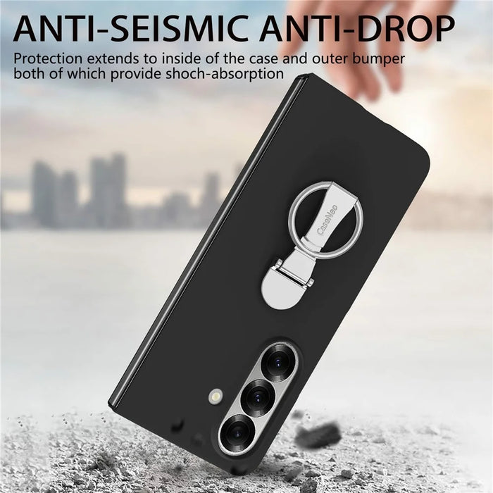 CASENEO for Samsung Galaxy Z Fold7 5G Case Ring Kickstand Skin-feel PC Phone Cover with Screen Protector - Black - 7