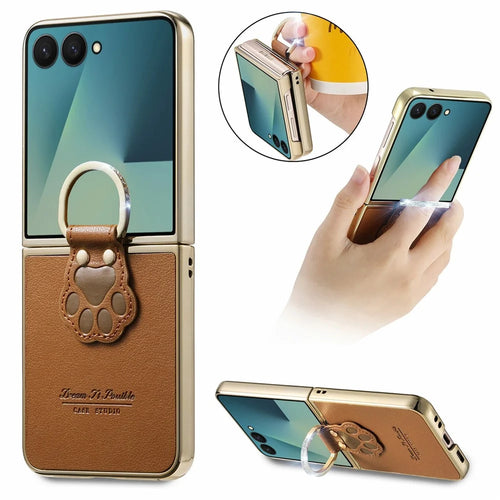 For Samsung Galaxy Z Flip8 Case Cat Paw Design Ring Kickstand Leather Phone Back Cover - Brown - 1