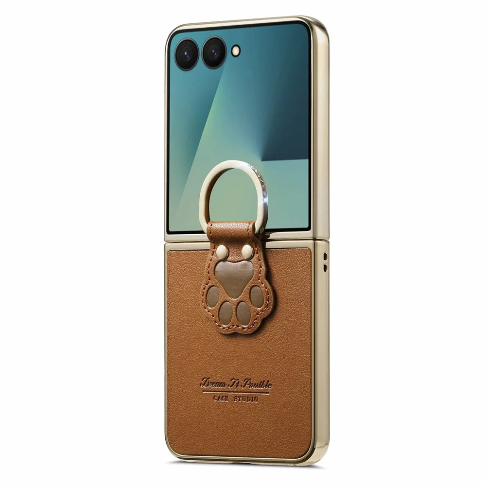 For Samsung Galaxy Z Flip8 Case Cat Paw Design Ring Kickstand Leather Phone Back Cover - Brown - 2