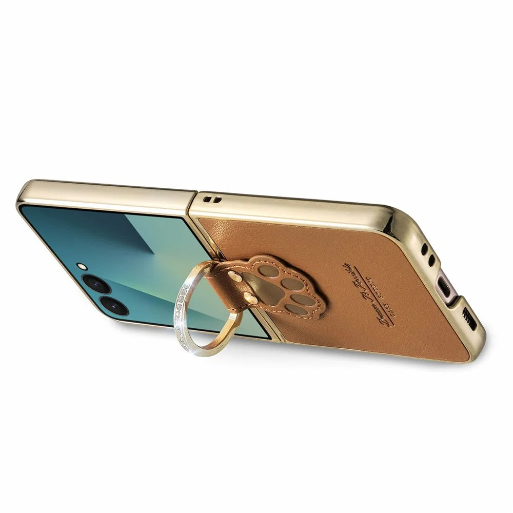 For Samsung Galaxy Z Flip8 Case Cat Paw Design Ring Kickstand Leather Phone Back Cover - Brown - 3