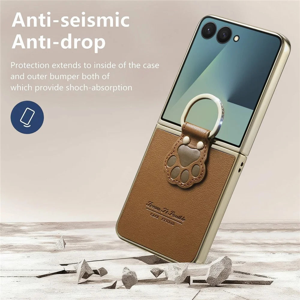 For Samsung Galaxy Z Flip8 Case Cat Paw Design Ring Kickstand Leather Phone Back Cover - Brown - 7