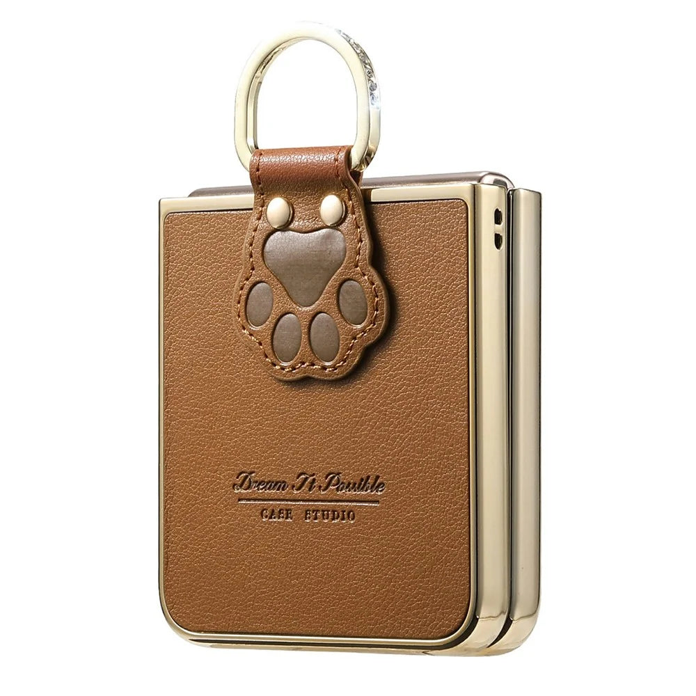 For Samsung Galaxy Z Flip7 5G Case Cat Paw Design Ring Kickstand Leather Phone Back Cover - Brown - 5