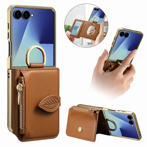 For Samsung Galaxy Z Flip8 Phone Case Card Holder Kickstand Leaf Buckle Leather Back Cover with Built-in Mirror - Brown - 1