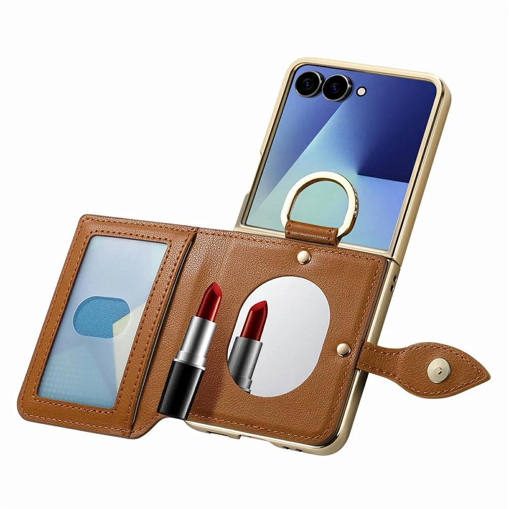 For Samsung Galaxy Z Flip8 Phone Case Card Holder Kickstand Leaf Buckle Leather Back Cover with Built-in Mirror - Brown - 4