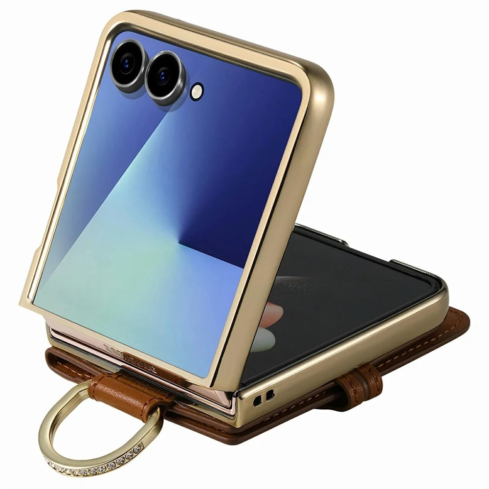 For Samsung Galaxy Z Flip8 Phone Case Card Holder Kickstand Leaf Buckle Leather Back Cover with Built-in Mirror - Brown - 5