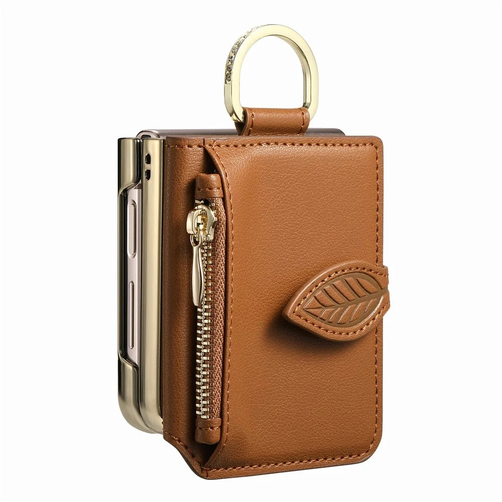 For Samsung Galaxy Z Flip8 Phone Case Card Holder Kickstand Leaf Buckle Leather Back Cover with Built-in Mirror - Brown - 6