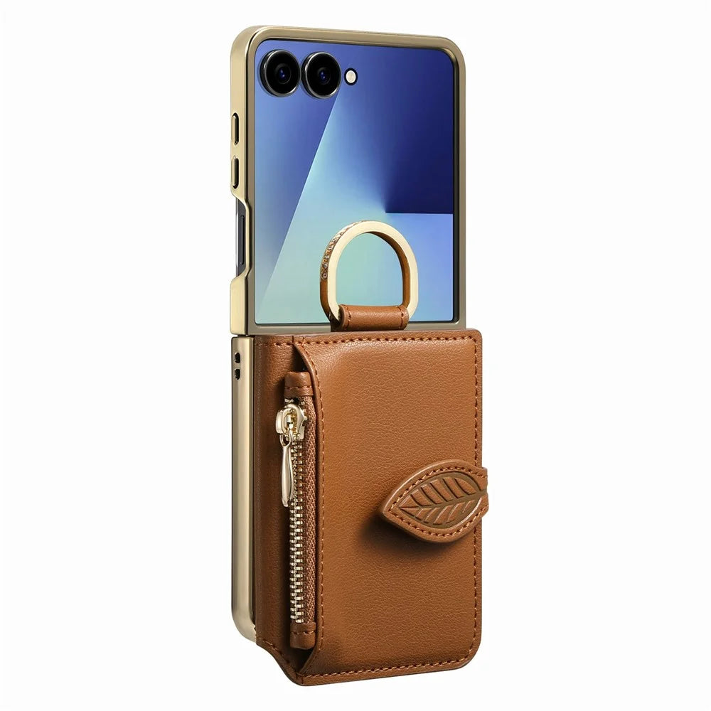 For Samsung Galaxy Z Flip8 Phone Case Card Holder Kickstand Leaf Buckle Leather Back Cover with Built-in Mirror - Brown - 7
