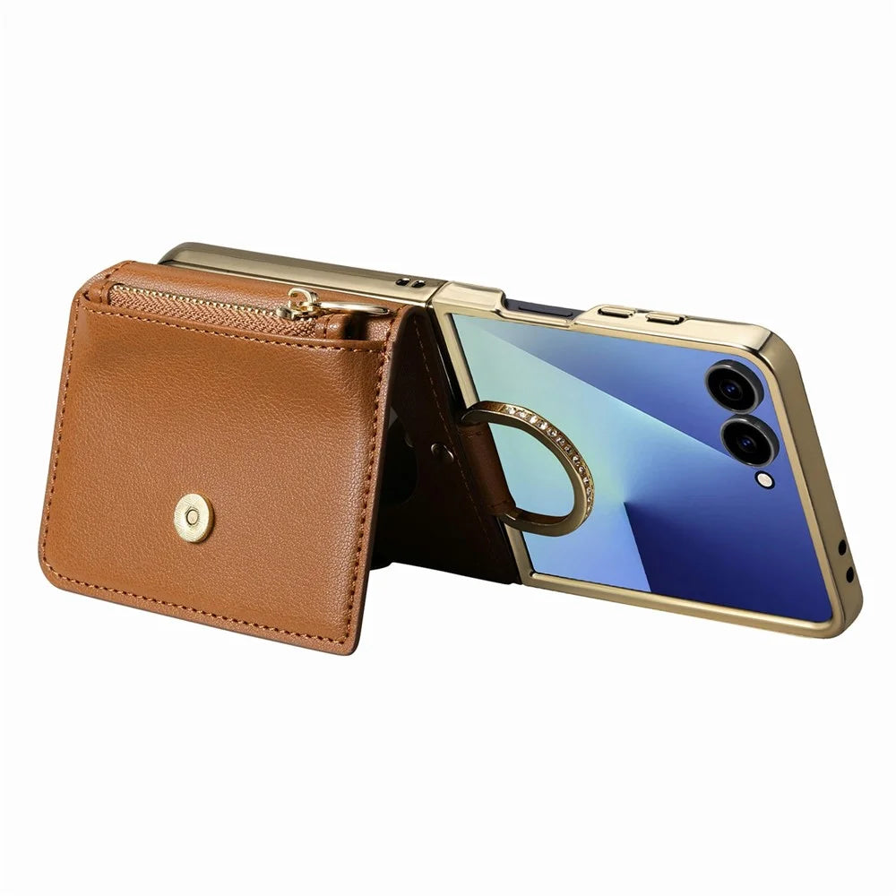 For Samsung Galaxy Z Flip7 5G Phone Case Card Holder Kickstand Leaf Buckle Leather Back Cover with Built-in Mirror - Brown - 2
