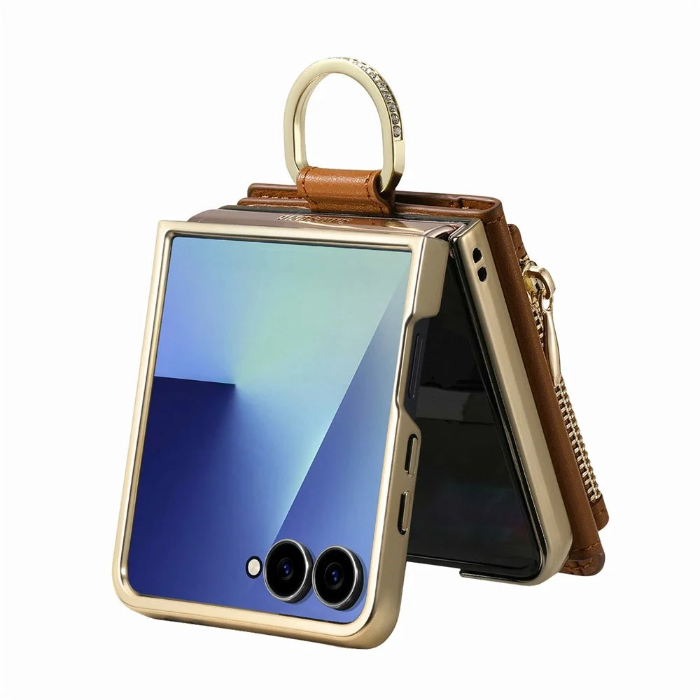 For Samsung Galaxy Z Flip7 5G Phone Case Card Holder Kickstand Leaf Buckle Leather Back Cover with Built-in Mirror - Brown - 3