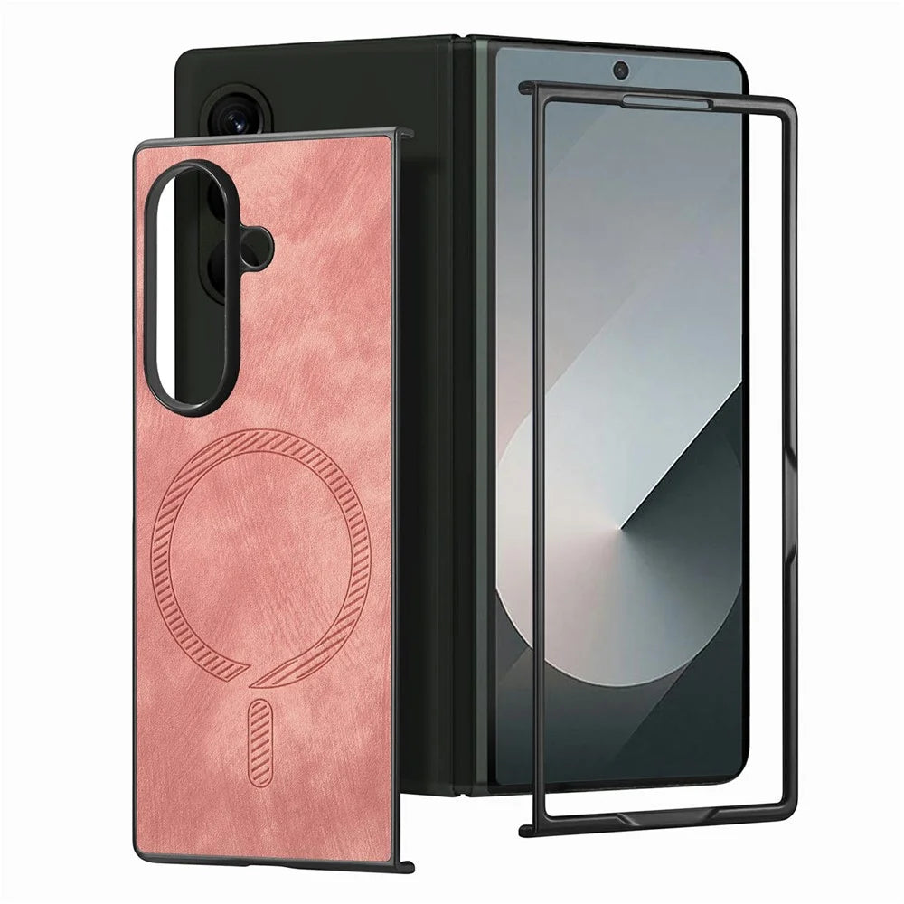 For Samsung Galaxy Z Fold7 5G Magnetic Case Vintage Leather + PC Protective Phone Cover - Pink - 2