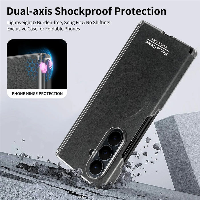 For Samsung Galaxy Z Fold7 5G Magnetic Case PU Leather Dual-Axis Shockproof Phone Cover - Black - 5