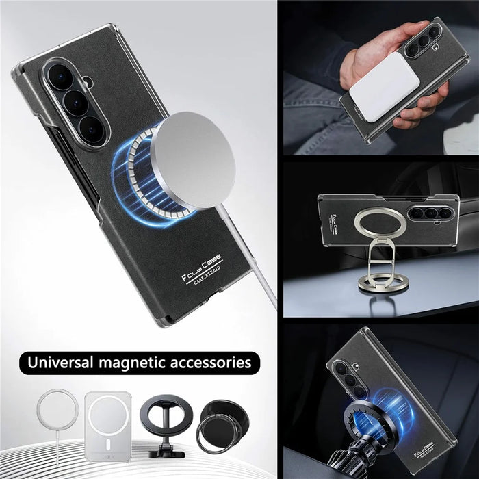 For Samsung Galaxy Z Fold7 5G Magnetic Case PU Leather Dual-Axis Shockproof Phone Cover - Black - 7