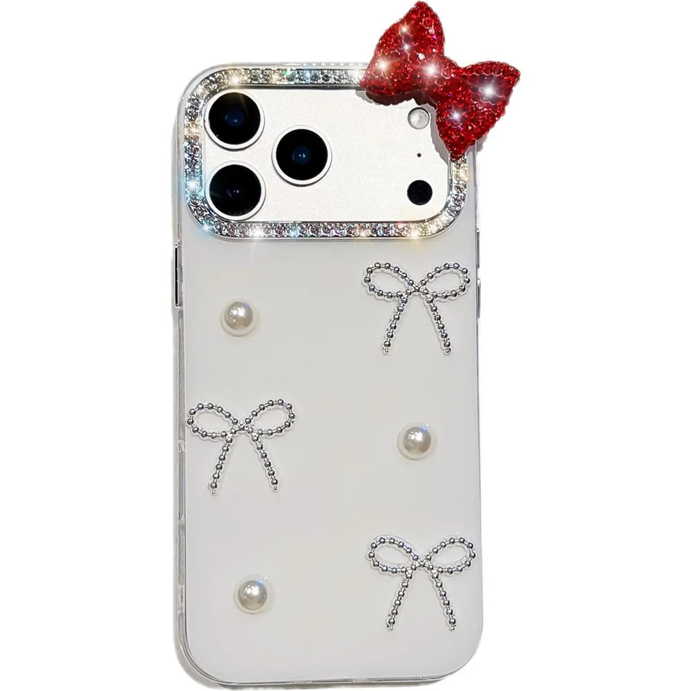 For iPhone 18 Pro Max / 17 Pro Max Case Pearl Bow Decor PC + TPU IMD Phone Cover with Rhinestone Camera Ring - Pearl White - 1