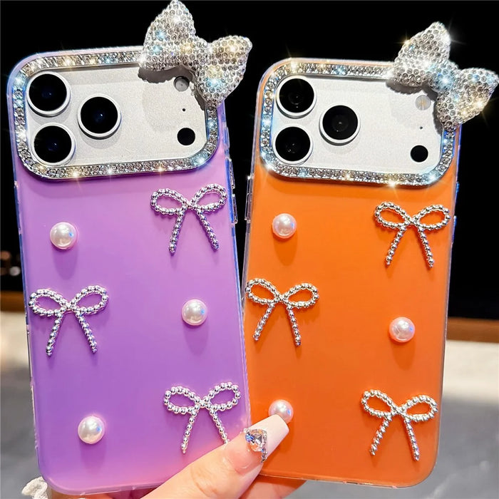 For iPhone 18 Pro Max / 17 Pro Max Case Pearl Bow Decor PC + TPU IMD Phone Cover with Rhinestone Camera Ring - Pearl White - 5