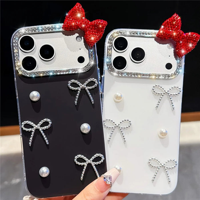 For iPhone 18 Pro Max / 17 Pro Max Case Pearl Bow Decor PC + TPU IMD Phone Cover with Rhinestone Camera Ring - Pearl White - 6