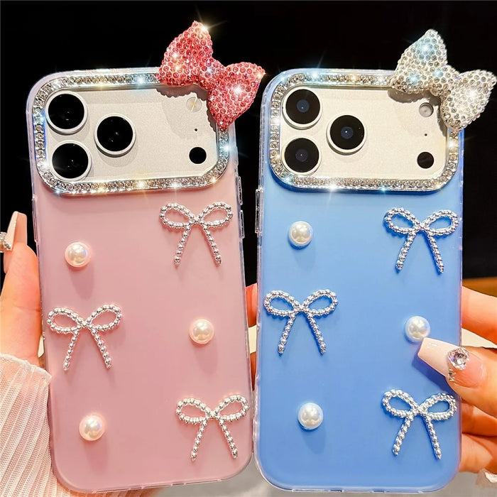 For iPhone 18 Pro Max / 17 Pro Max Case Pearl Bow Decor PC + TPU IMD Phone Cover with Rhinestone Camera Ring - Pearl White - 7