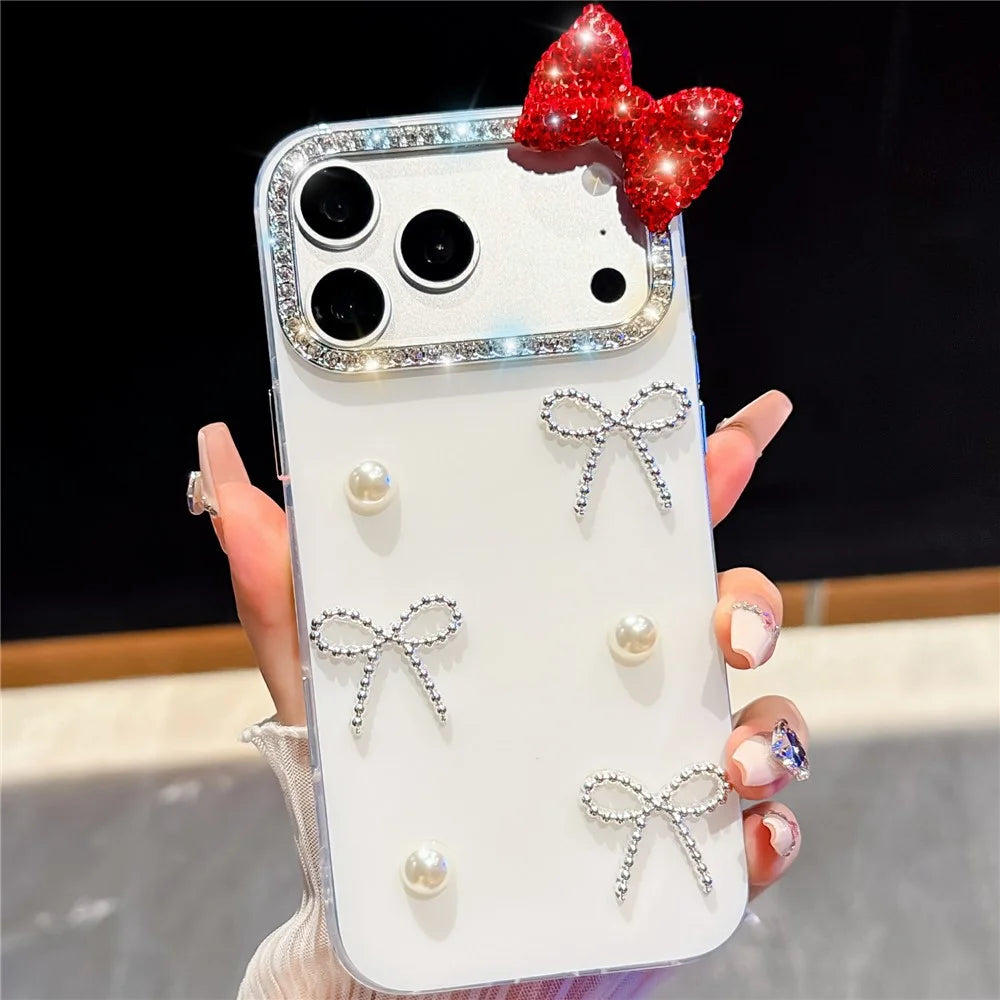 For iPhone 18 Pro / 17 Pro Case Pearl Bow Decor PC + TPU IMD Phone Cover with Rhinestone Camera Ring - Pearl White - 2