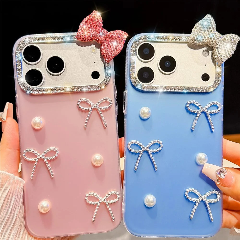 For iPhone 18 Pro / 17 Pro Case Pearl Bow Decor PC + TPU IMD Phone Cover with Rhinestone Camera Ring - Pearl White - 7