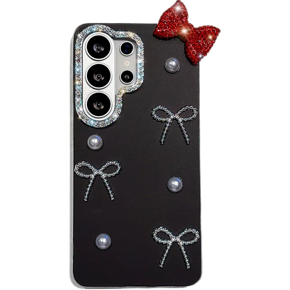For Samsung Galaxy S26 Ultra Case Pearl Bow Decor PC + TPU IMD Phone Cover with Rhinestone Camera Ring - Classic Black - 1