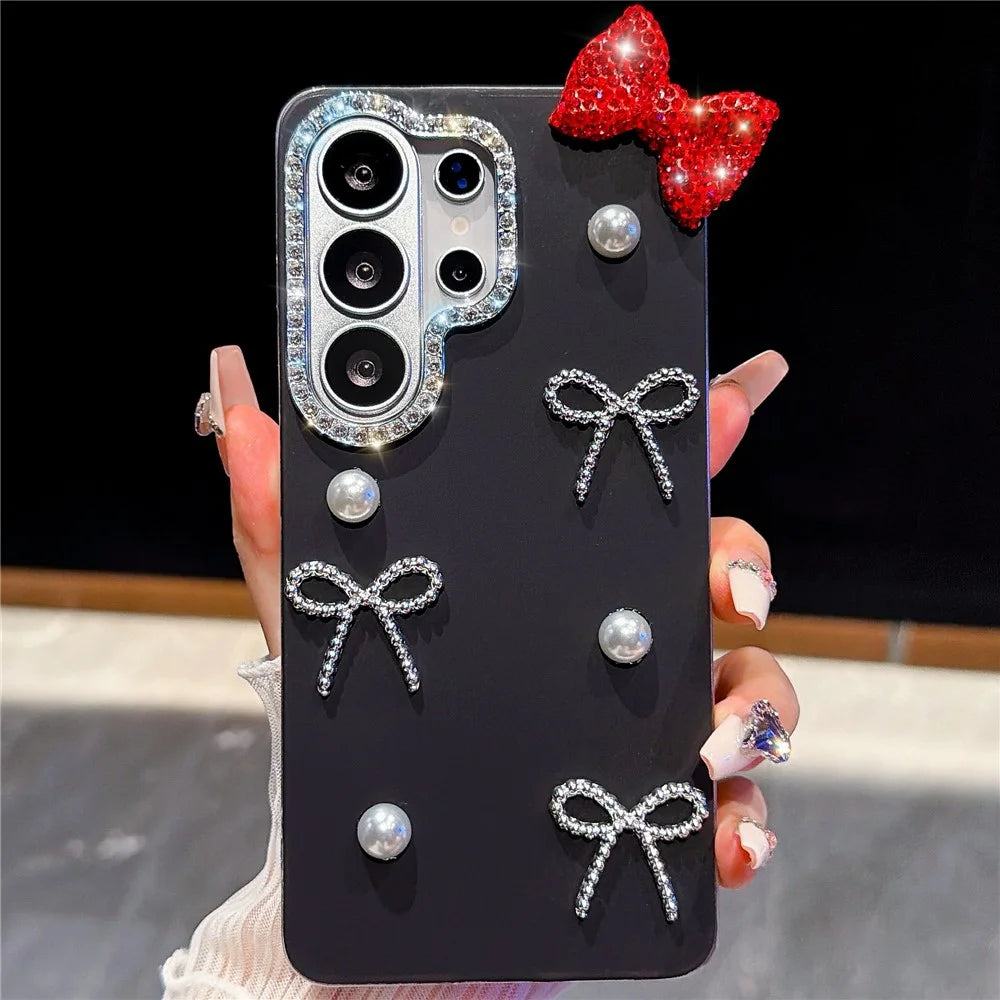 For Samsung Galaxy S26 Ultra Case Pearl Bow Decor PC + TPU IMD Phone Cover with Rhinestone Camera Ring - Classic Black - 2