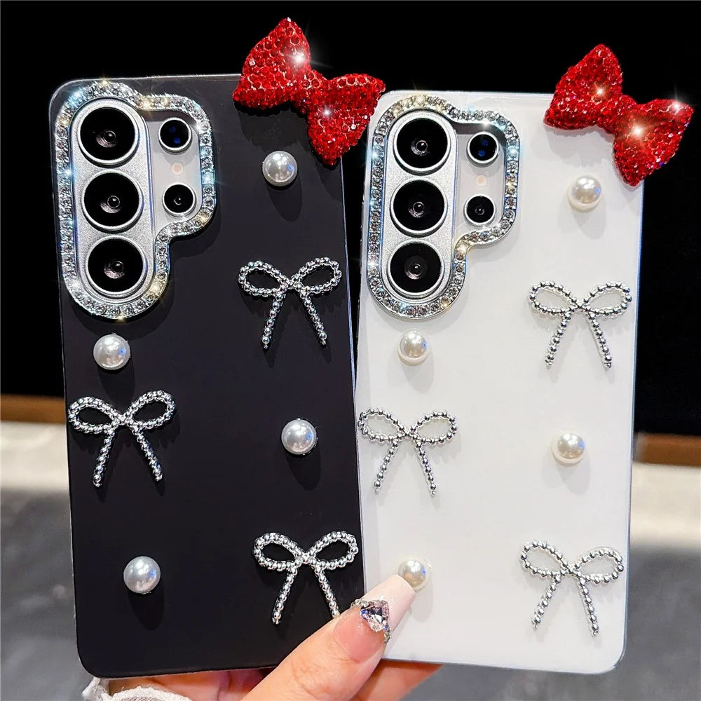 For Samsung Galaxy S26 Ultra Case Pearl Bow Decor PC + TPU IMD Phone Cover with Rhinestone Camera Ring - Classic Black - 3